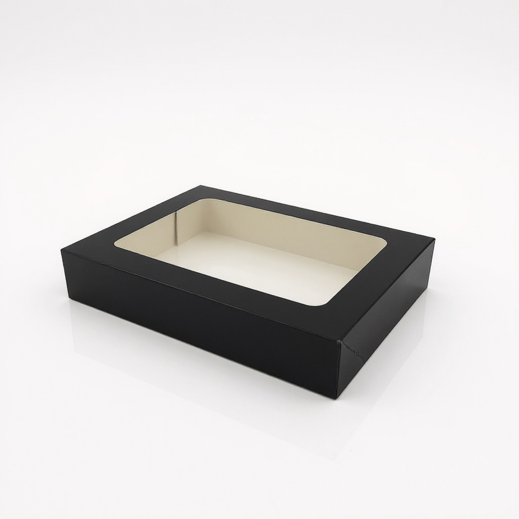 Schwarze Sushi To-Go Box aus Karton mit transparentem PET-Sichtfenster