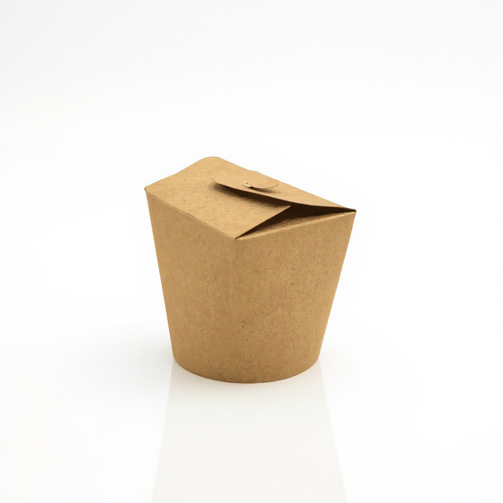 Nudelbox 470 ml Kraftpapier, Seitenansicht zeigt stabilen Faltverschluss