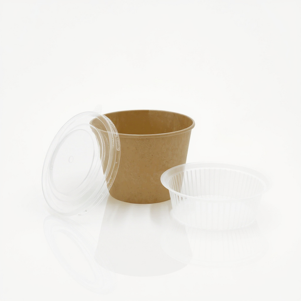 Kraftkarton-Schale 1500 ml mit PP-Deckel und Einsatz, gefüllt mit bunter Bowl  
