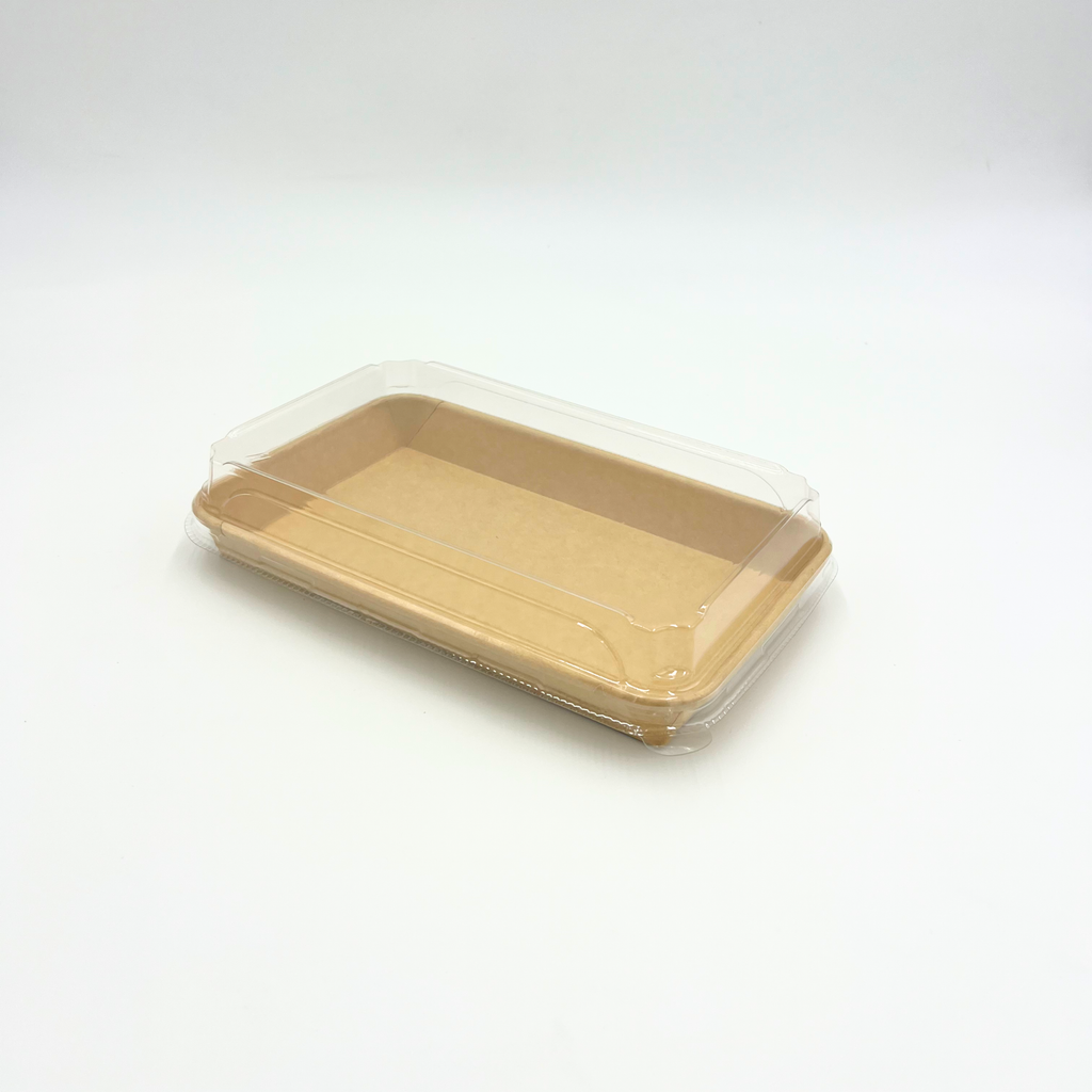 Größenvergleich: Flache rechteckige Pappschale mit Deckel neben Maßband 24 cm x 15 cm