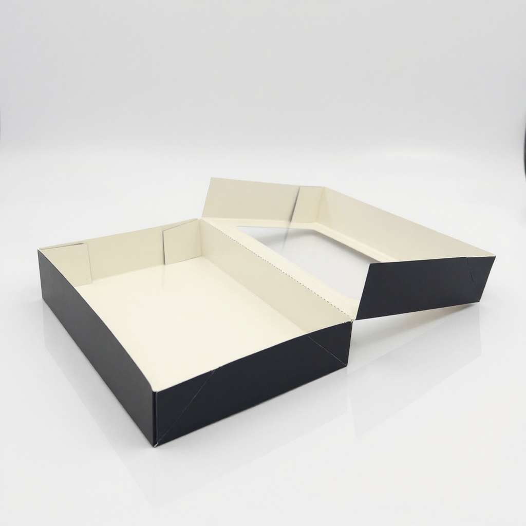 Fensterbox Karton schwarz-weiß 260x190x50 mm geöffnet mit Kucheninhalt