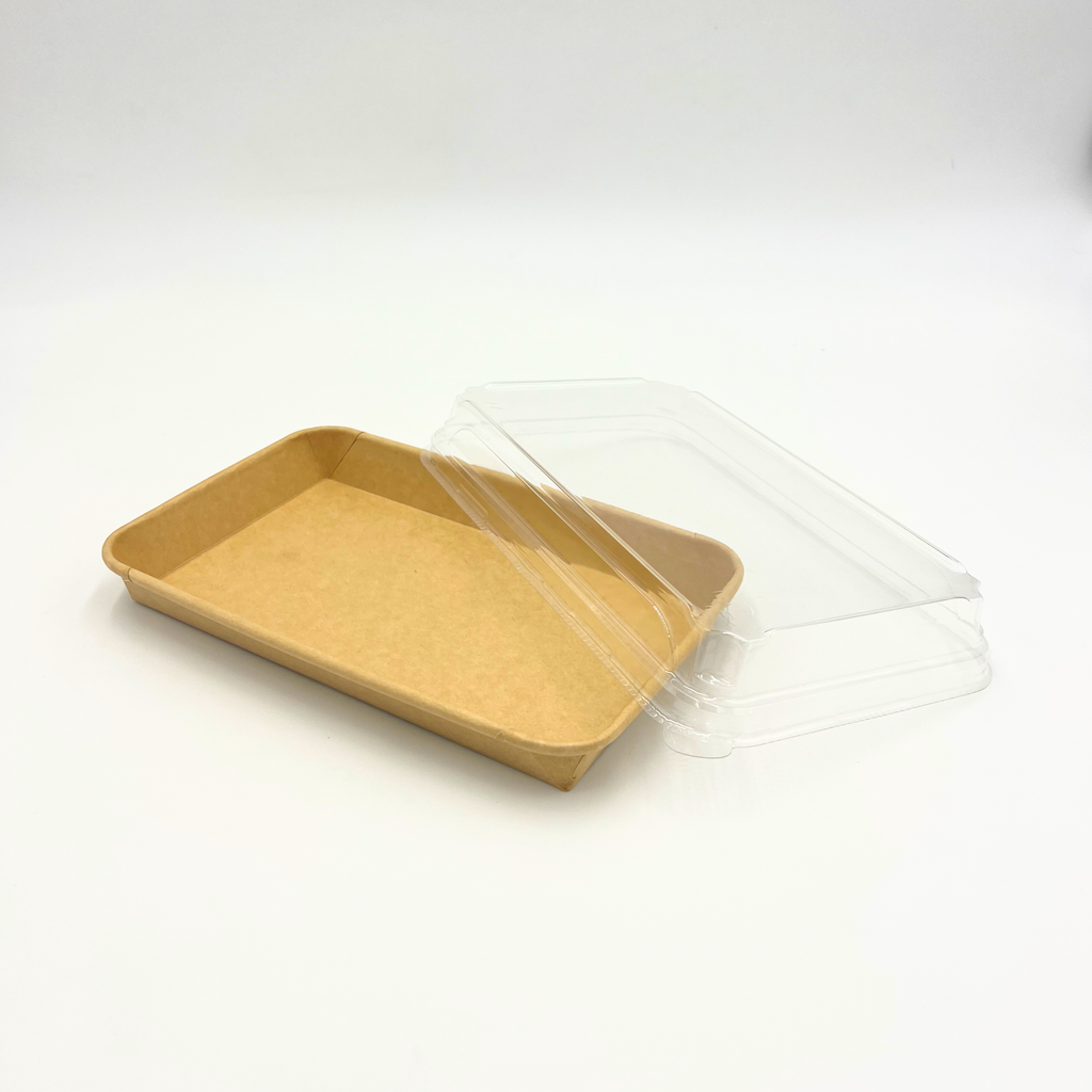  Nachhaltige Take-away Verpackung aus Kraftkarton mit dicht schließendem PET-Deckel im Catering-Einsatz