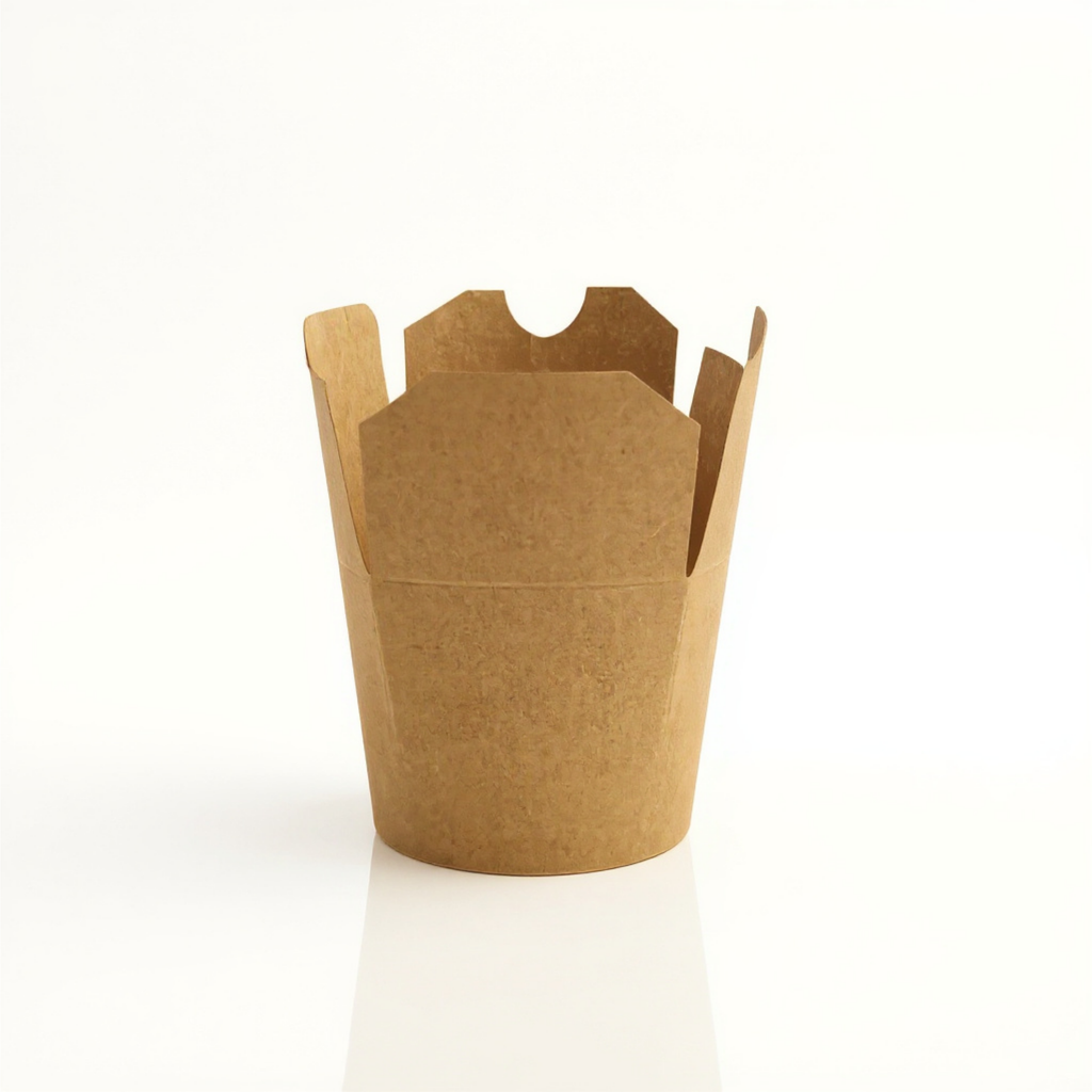 Braune runde Noodle Box 470 ml aus Kraftpapier mit geschlossenem Klappverschluss