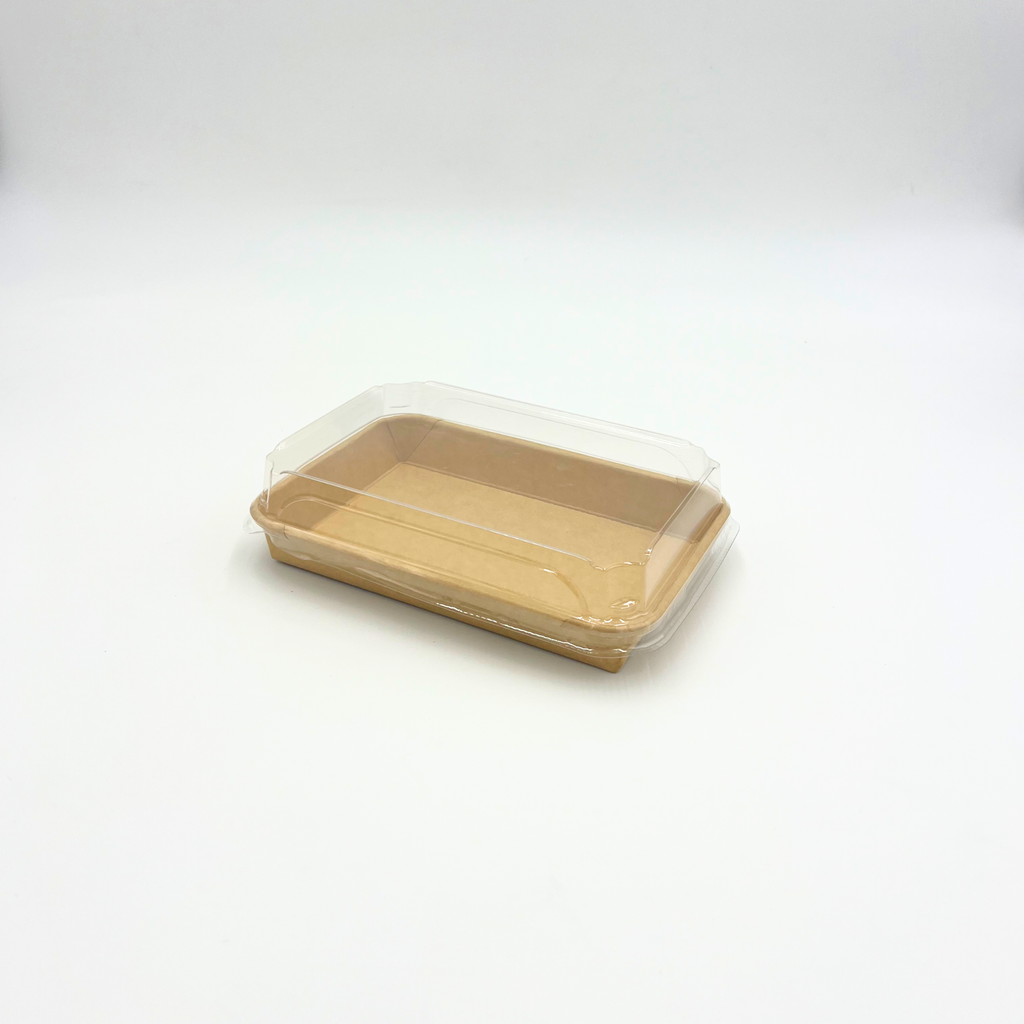 leere Kraftpapier Sushischale 185 x 132 x 48 mm mit Deckel daneben auf weißem Hintergrund